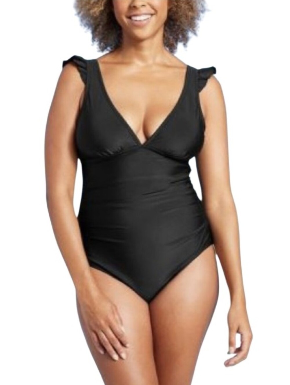 #K58 Kona Sol Black V-Neck Ruffle Strap One-Piece Swimsuit